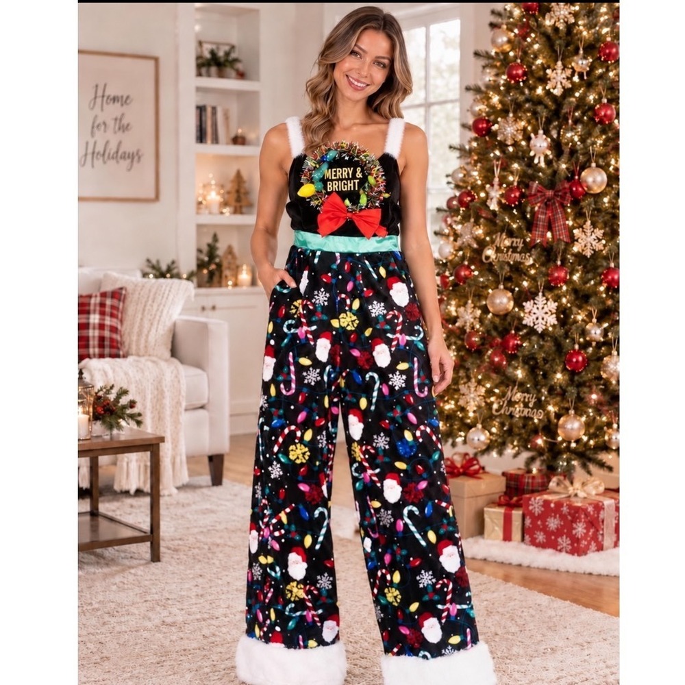 Merry & Bright Christmas Jumpsuit Santa Candy Cane Wreath Wide Leg Black Sz xxs